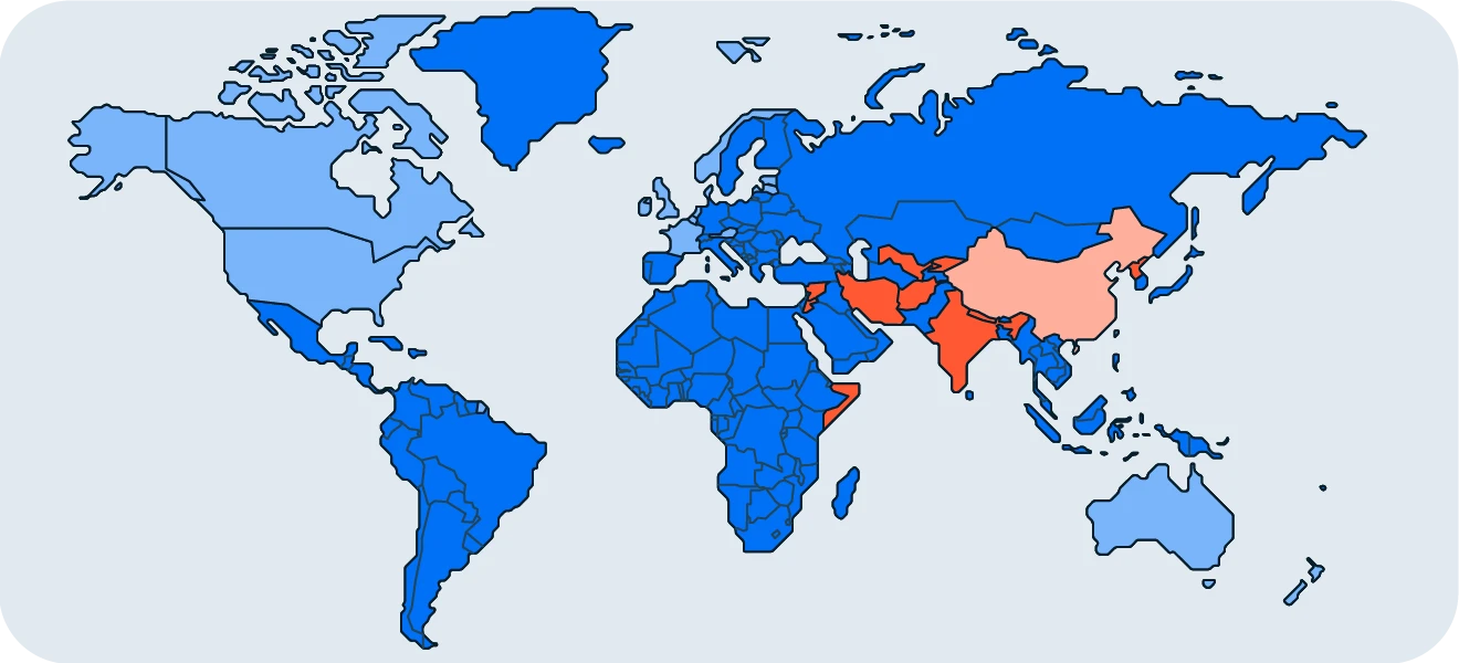 已禁令或限制 TikTok 的国家。
